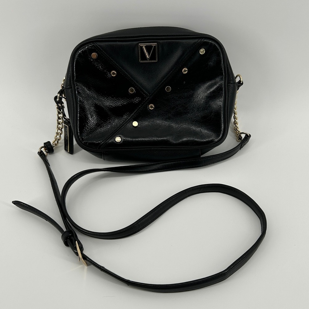 Victorias Secret Black Faux Leather Studded Crossbody Purse Biker Edgy Glam